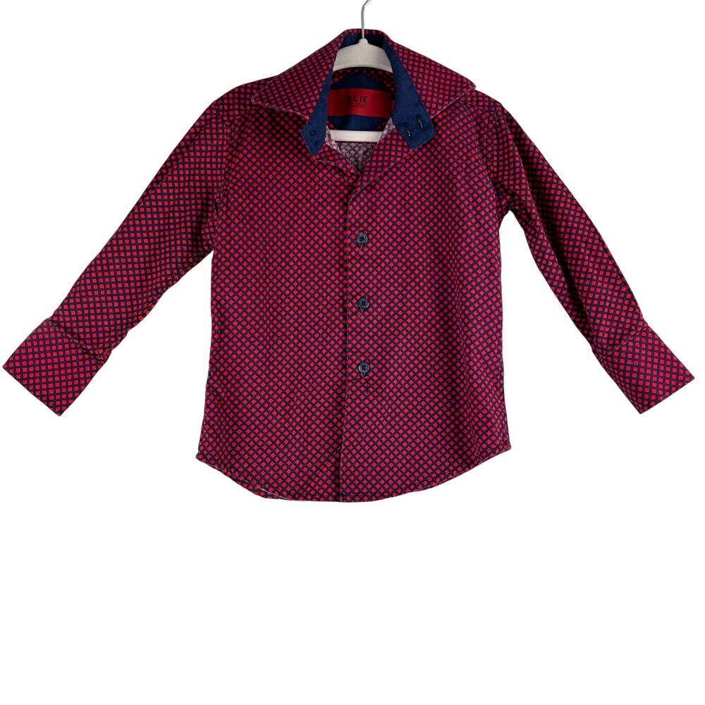 Elie Balleh Button Up Shirt Toddler Baby Boy 2T Red Navy Harlequin Print Formal